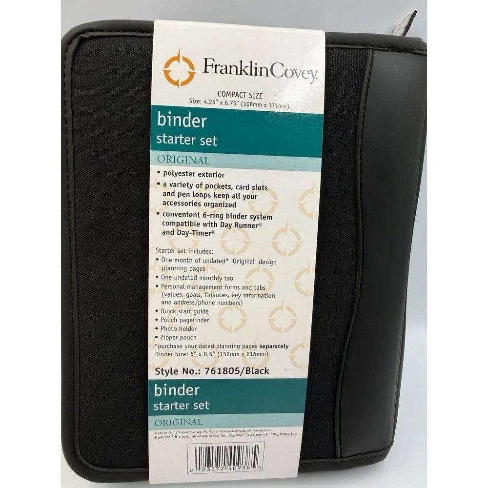 Franklin Covey Black Zippered Planner Binder Starter Set Original 761805 NOS